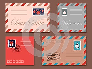 Dear Santa set of Christmas letter in a stamped envelope.Vintage envelopes for letters to Santa Claus.